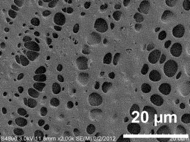 Electron micrograph of the sealed top layer at 2,000 times: scattered pores in a smooth surface, with a 20 µm scale bar.
