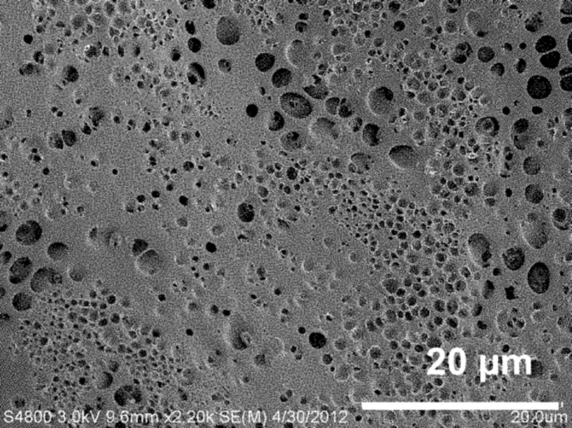 A two-layer test film's surface after 7 days in fluid.
